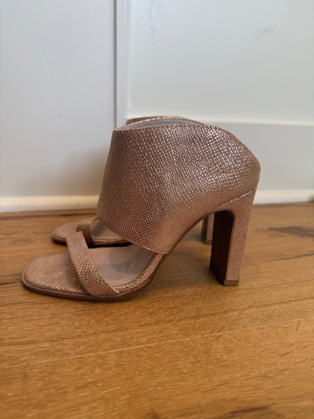 42 GOLD Metallic Rose Gold Block Heel Slide Sandals